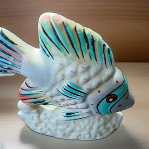 Mexican Ceramic Pottery Fish Figurine~Vintage Folk Art Tropical Teal Orange 3"